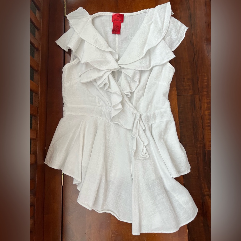 V Cristina White Ruffle V-Neck Party Blouse
Top M